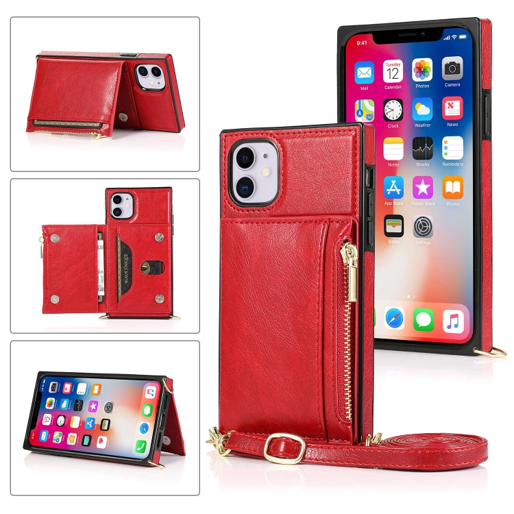 For iPhone 11 Square Zipper Wallet Bag TPU+PU Back Cover Case with Holder & Card Slots & Wallet & Cross-body Strap
