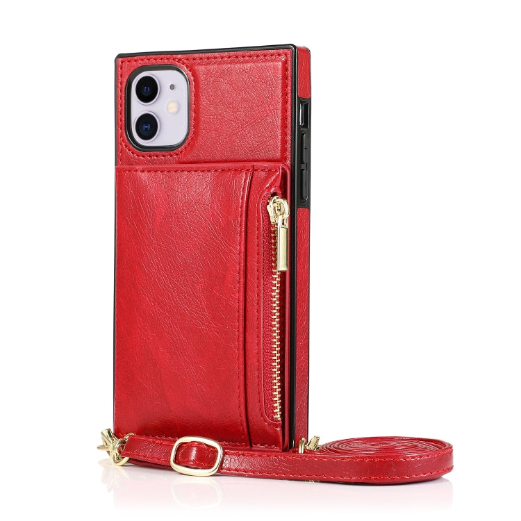 For iPhone 11 Square Zipper Wallet Bag TPU+PU Back Cover Case with Holder & Card Slots & Wallet & Cross-body Strap