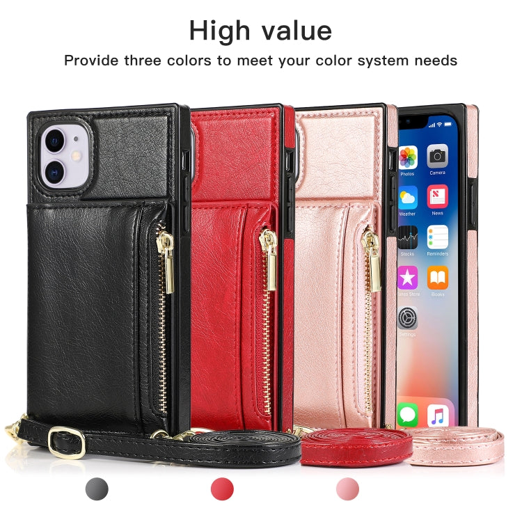 For iPhone 11 Square Zipper Wallet Bag TPU+PU Back Cover Case with Holder & Card Slots & Wallet & Cross-body Strap