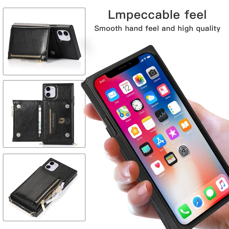 For iPhone 11 Square Zipper Wallet Bag TPU+PU Back Cover Case with Holder & Card Slots & Wallet & Cross-body Strap