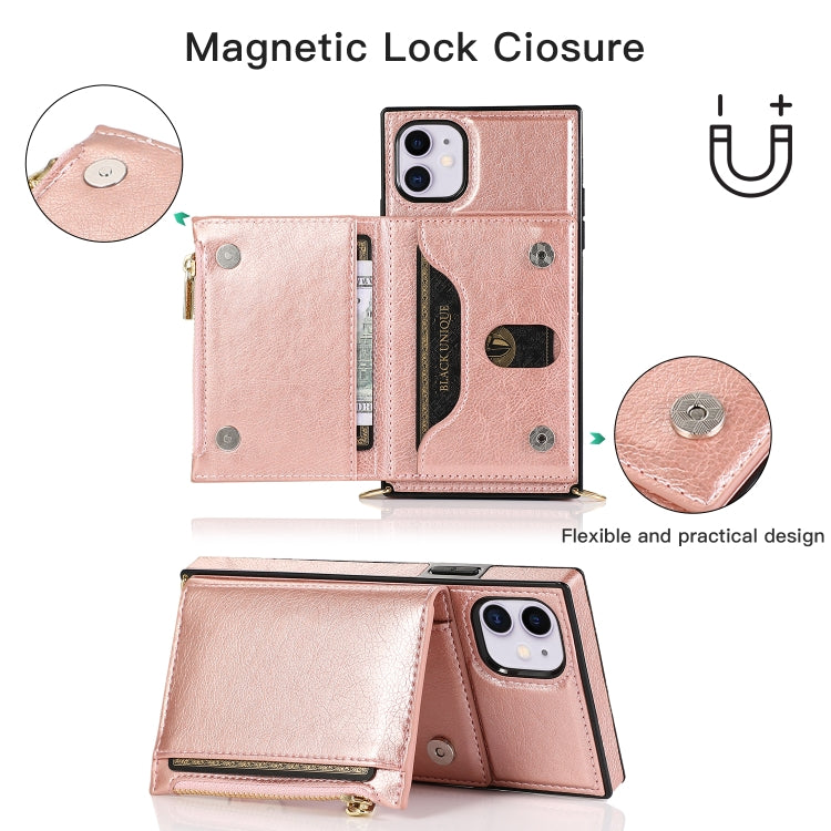 For iPhone 11 Square Zipper Wallet Bag TPU+PU Back Cover Case with Holder & Card Slots & Wallet & Cross-body Strap