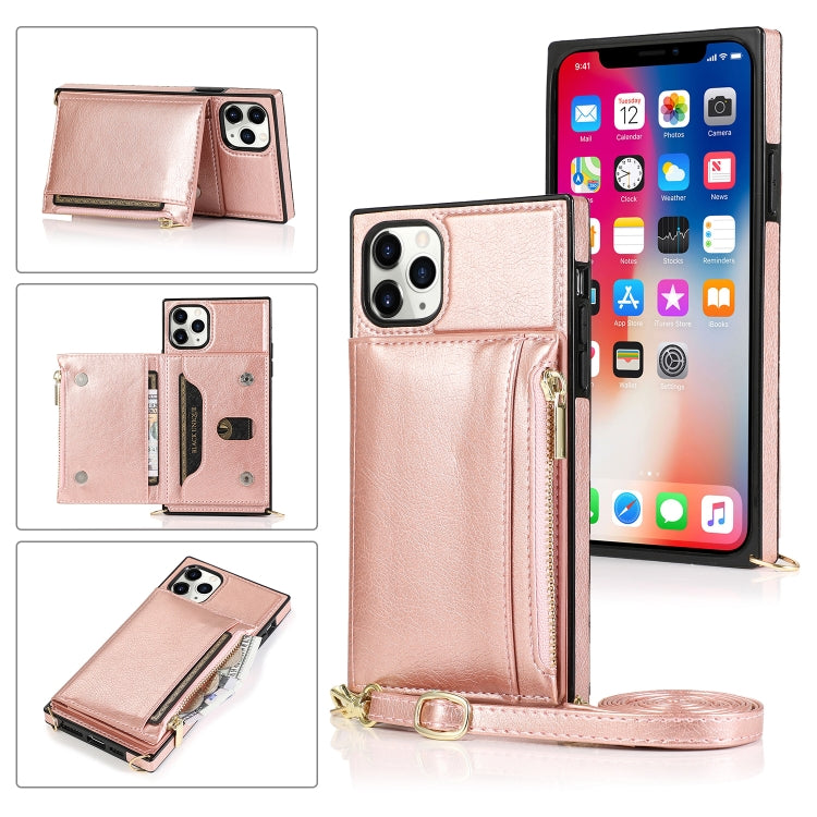 For iPhone 11 Pro Max Square Zipper Wallet Bag TPU+PU Back Cover Case with Holder & Card Slots & Wallet & Cross-body Strap