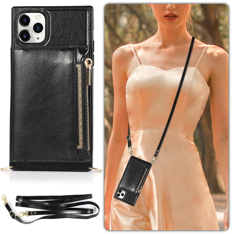 For iPhone 11 Pro Max Square Zipper Wallet Bag TPU+PU Back Cover Case with Holder & Card Slots & Wallet & Cross-body Strap