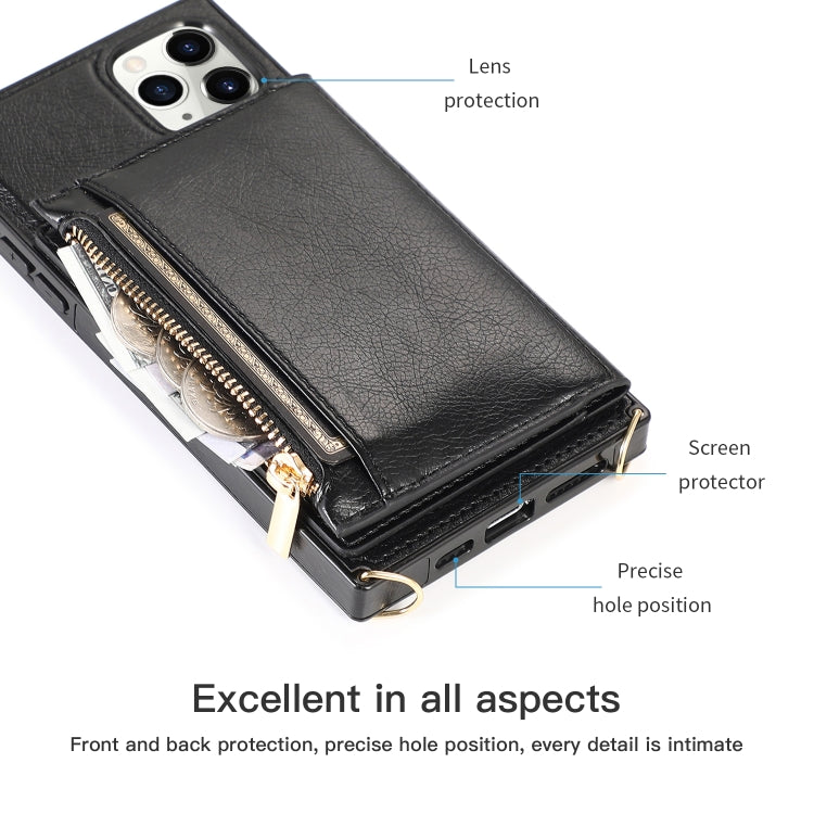 For iPhone 11 Pro Max Square Zipper Wallet Bag TPU+PU Back Cover Case with Holder & Card Slots & Wallet & Cross-body Strap