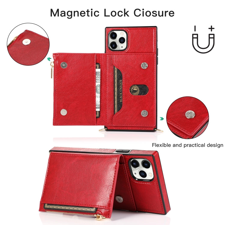 For iPhone 11 Pro Max Square Zipper Wallet Bag TPU+PU Back Cover Case with Holder & Card Slots & Wallet & Cross-body Strap