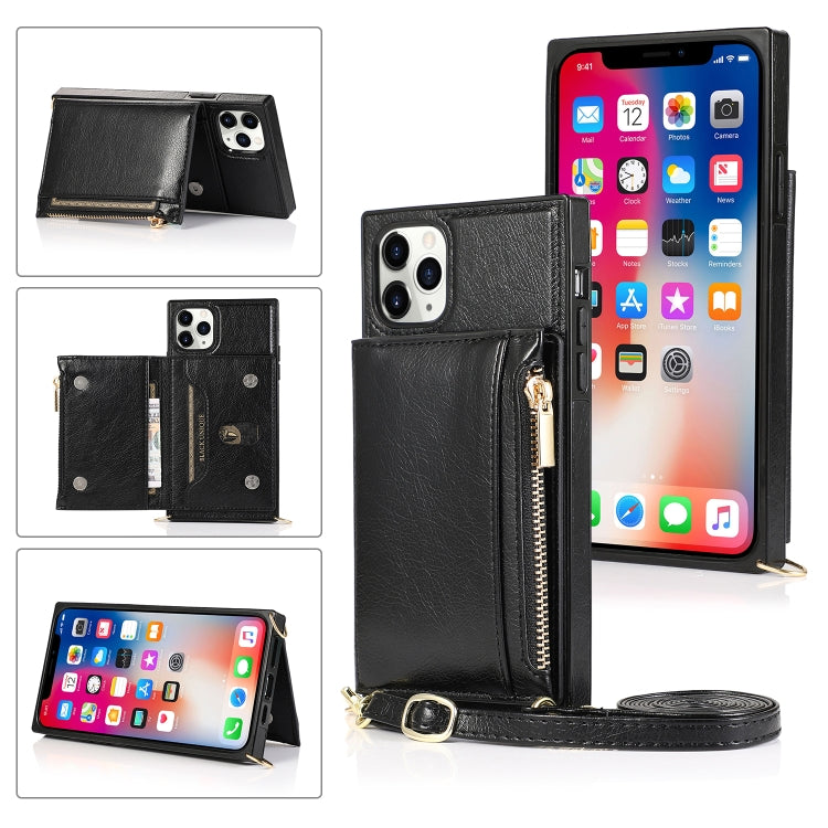 For iPhone 11 Pro Max Square Zipper Wallet Bag TPU+PU Back Cover Case with Holder & Card Slots & Wallet & Cross-body Strap