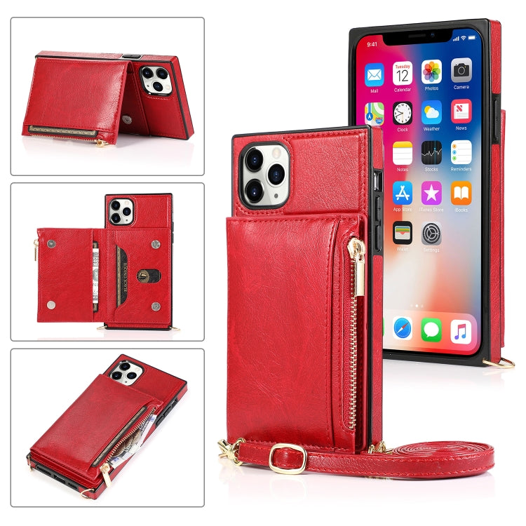 For iPhone 11 Pro Max Square Zipper Wallet Bag TPU+PU Back Cover Case with Holder & Card Slots & Wallet & Cross-body Strap