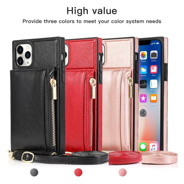 For iPhone 11 Pro Max Square Zipper Wallet Bag TPU+PU Back Cover Case with Holder & Card Slots & Wallet & Cross-body Strap