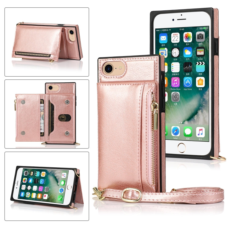 For iPhone SE 2022 / SE 2020 / 8 / 7 Square Zipper Wallet Bag TPU+PU Back Cover Case with Holder & Card Slots & Wallet & Cross-body Strap