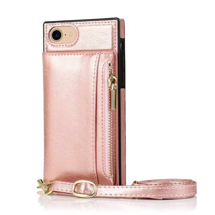 For iPhone SE 2022 / SE 2020 / 8 / 7 Square Zipper Wallet Bag TPU+PU Back Cover Case with Holder & Card Slots & Wallet & Cross-body Strap