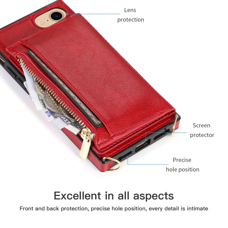 For iPhone SE 2022 / SE 2020 / 8 / 7 Square Zipper Wallet Bag TPU+PU Back Cover Case with Holder & Card Slots & Wallet & Cross-body Strap