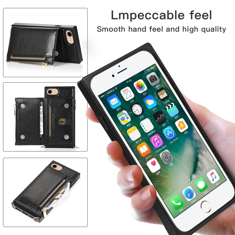 For iPhone SE 2022 / SE 2020 / 8 / 7 Square Zipper Wallet Bag TPU+PU Back Cover Case with Holder & Card Slots & Wallet & Cross-body Strap