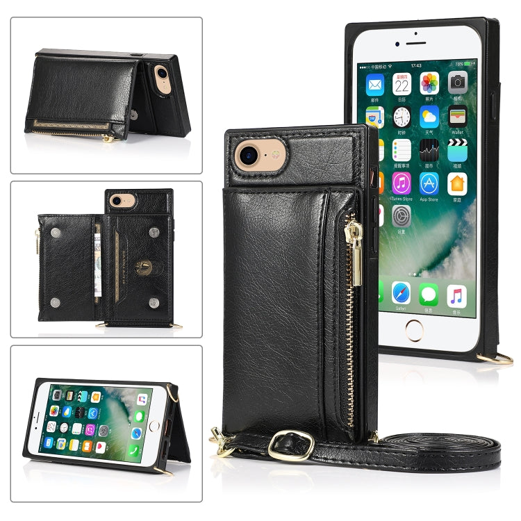 For iPhone SE 2022 / SE 2020 / 8 / 7 Square Zipper Wallet Bag TPU+PU Back Cover Case with Holder & Card Slots & Wallet & Cross-body Strap