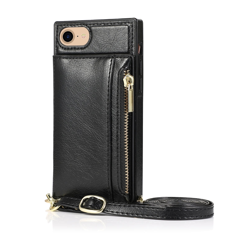 For iPhone SE 2022 / SE 2020 / 8 / 7 Square Zipper Wallet Bag TPU+PU Back Cover Case with Holder & Card Slots & Wallet & Cross-body Strap