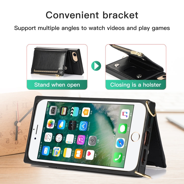 For iPhone SE 2022 / SE 2020 / 8 / 7 Square Zipper Wallet Bag TPU+PU Back Cover Case with Holder & Card Slots & Wallet & Cross-body Strap