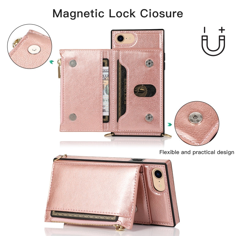 For iPhone SE 2022 / SE 2020 / 8 / 7 Square Zipper Wallet Bag TPU+PU Back Cover Case with Holder & Card Slots & Wallet & Cross-body Strap