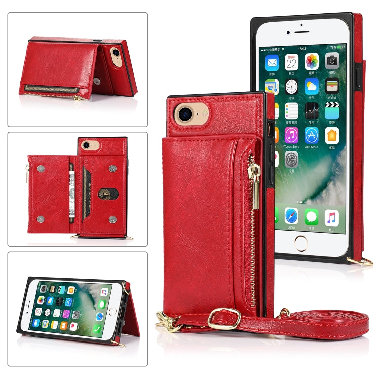 For iPhone SE 2022 / SE 2020 / 8 / 7 Square Zipper Wallet Bag TPU+PU Back Cover Case with Holder & Card Slots & Wallet & Cross-body Strap