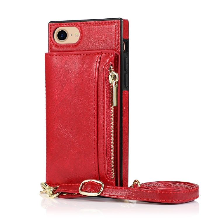 For iPhone SE 2022 / SE 2020 / 8 / 7 Square Zipper Wallet Bag TPU+PU Back Cover Case with Holder & Card Slots & Wallet & Cross-body Strap