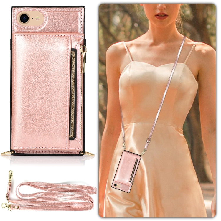 For iPhone SE 2022 / SE 2020 / 8 / 7 Square Zipper Wallet Bag TPU+PU Back Cover Case with Holder & Card Slots & Wallet & Cross-body Strap