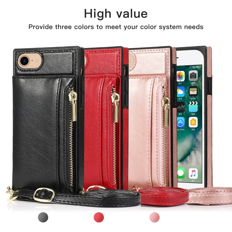 For iPhone SE 2022 / SE 2020 / 8 / 7 Square Zipper Wallet Bag TPU+PU Back Cover Case with Holder & Card Slots & Wallet & Cross-body Strap