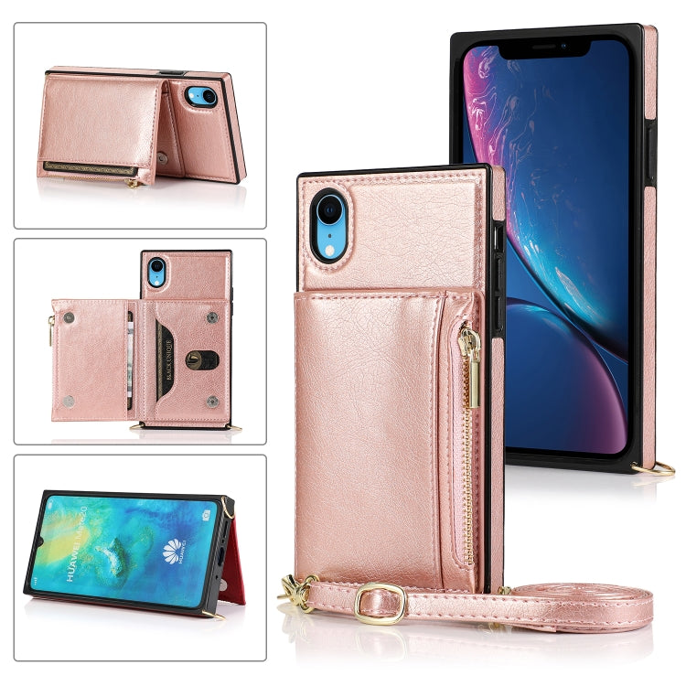 For iPhone XR Square Zipper Wallet Bag TPU+PU Back Cover Case with Holder & Card Slots & Wallet & Cross-body Strap