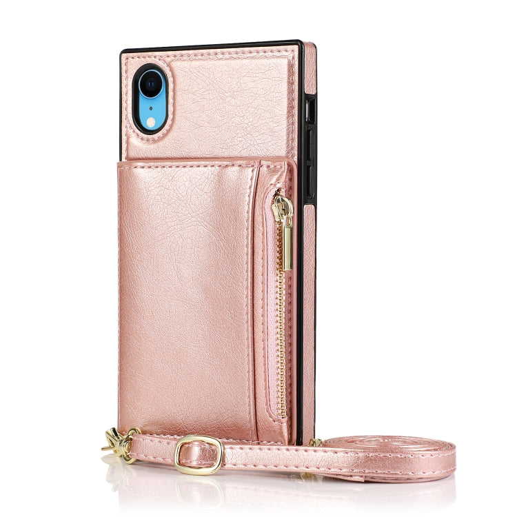 For iPhone XR Square Zipper Wallet Bag TPU+PU Back Cover Case with Holder & Card Slots & Wallet & Cross-body Strap