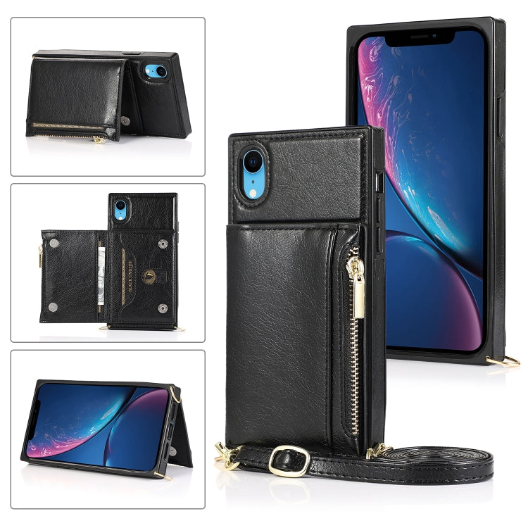 For iPhone XR Square Zipper Wallet Bag TPU+PU Back Cover Case with Holder & Card Slots & Wallet & Cross-body Strap