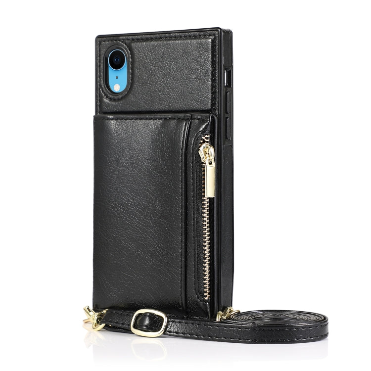 For iPhone XR Square Zipper Wallet Bag TPU+PU Back Cover Case with Holder & Card Slots & Wallet & Cross-body Strap