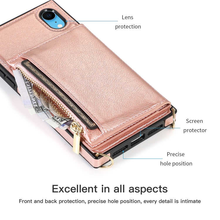 For iPhone XR Square Zipper Wallet Bag TPU+PU Back Cover Case with Holder & Card Slots & Wallet & Cross-body Strap