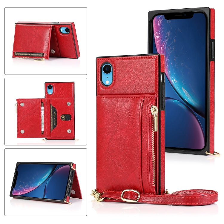 For iPhone XR Square Zipper Wallet Bag TPU+PU Back Cover Case with Holder & Card Slots & Wallet & Cross-body Strap