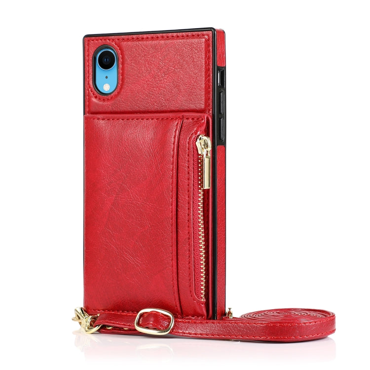 For iPhone XR Square Zipper Wallet Bag TPU+PU Back Cover Case with Holder & Card Slots & Wallet & Cross-body Strap