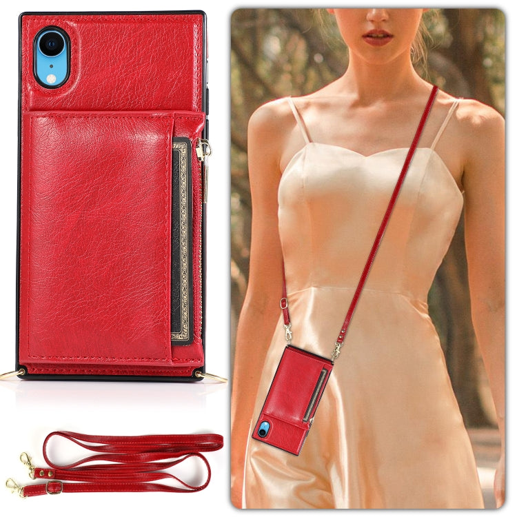 For iPhone XR Square Zipper Wallet Bag TPU+PU Back Cover Case with Holder & Card Slots & Wallet & Cross-body Strap