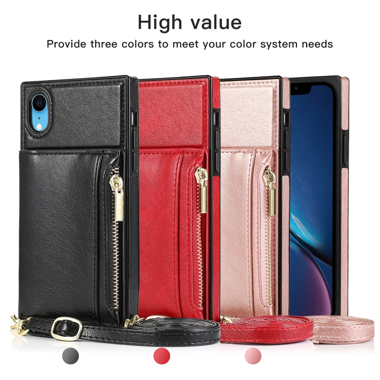 For iPhone XR Square Zipper Wallet Bag TPU+PU Back Cover Case with Holder & Card Slots & Wallet & Cross-body Strap
