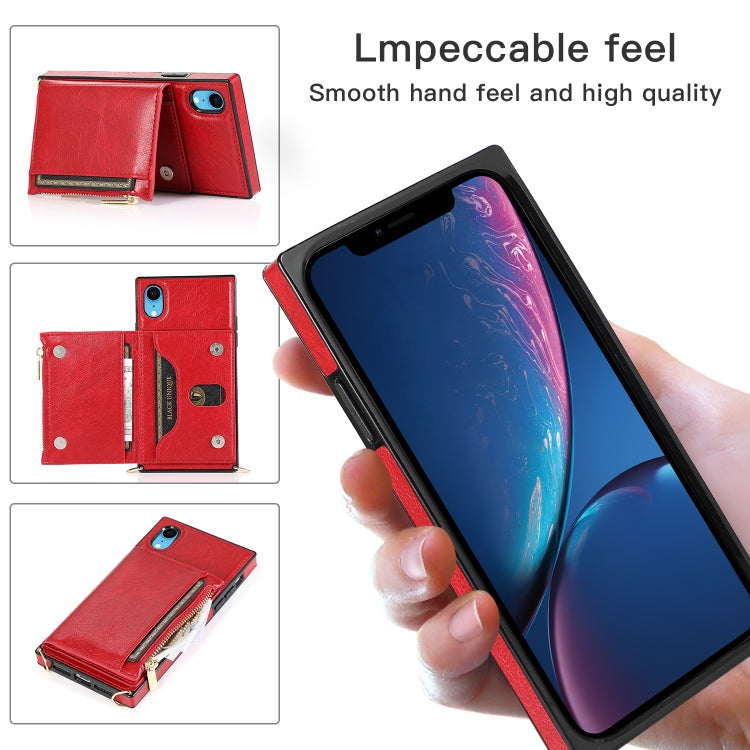 For iPhone XR Square Zipper Wallet Bag TPU+PU Back Cover Case with Holder & Card Slots & Wallet & Cross-body Strap