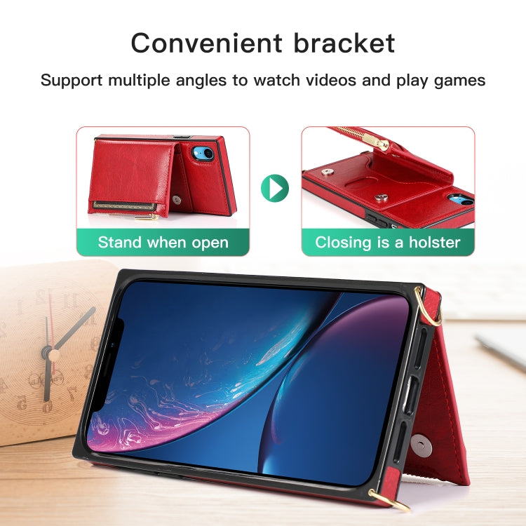 For iPhone XR Square Zipper Wallet Bag TPU+PU Back Cover Case with Holder & Card Slots & Wallet & Cross-body Strap