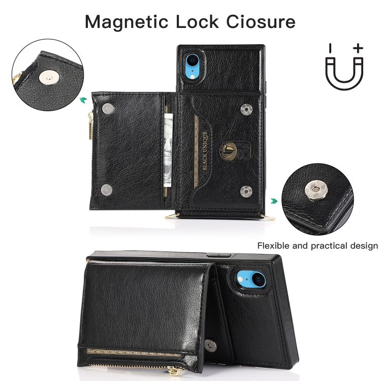 For iPhone XR Square Zipper Wallet Bag TPU+PU Back Cover Case with Holder & Card Slots & Wallet & Cross-body Strap