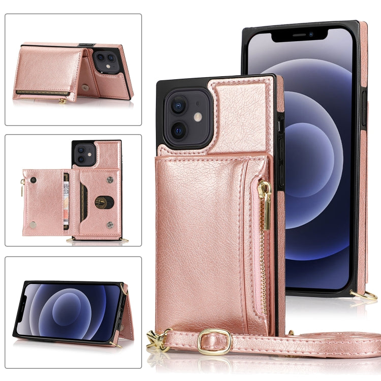 For iPhone 12 mini Square Zipper Wallet Bag TPU+PU Back Cover Case with Holder & Card Slots & Wallet & Cross-body Strap