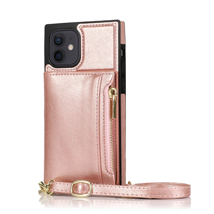For iPhone 12 mini Square Zipper Wallet Bag TPU+PU Back Cover Case with Holder & Card Slots & Wallet & Cross-body Strap