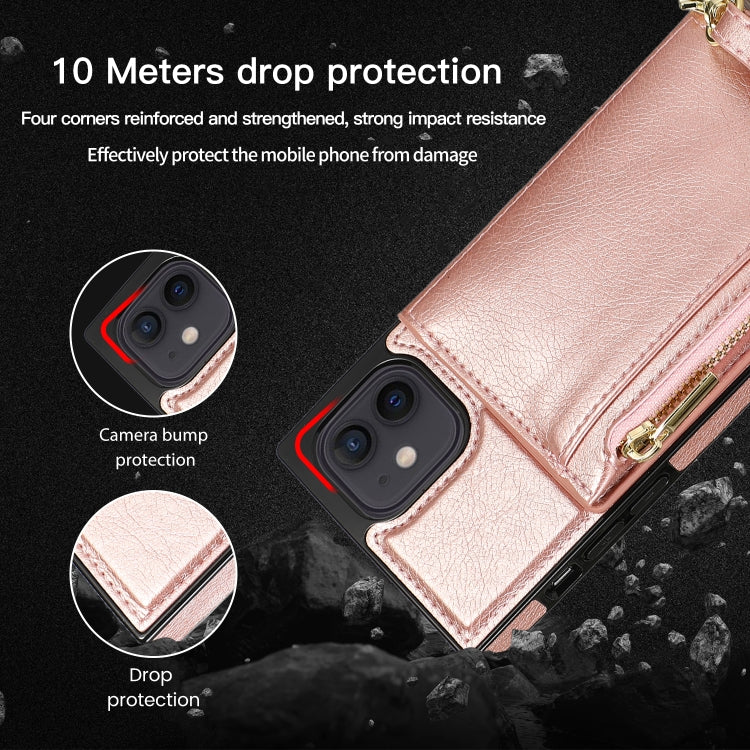 For iPhone 12 mini Square Zipper Wallet Bag TPU+PU Back Cover Case with Holder & Card Slots & Wallet & Cross-body Strap