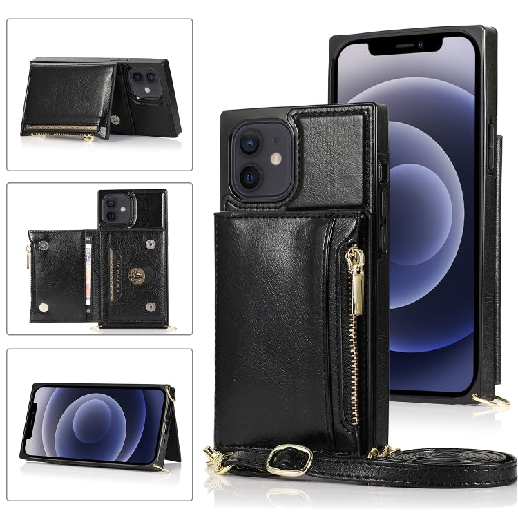 For iPhone 12 mini Square Zipper Wallet Bag TPU+PU Back Cover Case with Holder & Card Slots & Wallet & Cross-body Strap
