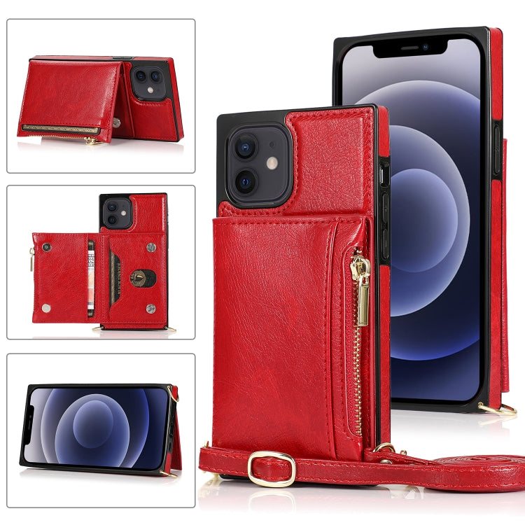 For iPhone 12 mini Square Zipper Wallet Bag TPU+PU Back Cover Case with Holder & Card Slots & Wallet & Cross-body Strap