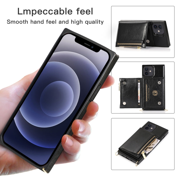For iPhone 12 mini Square Zipper Wallet Bag TPU+PU Back Cover Case with Holder & Card Slots & Wallet & Cross-body Strap