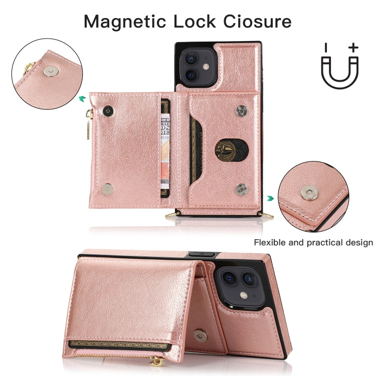 For iPhone 12 mini Square Zipper Wallet Bag TPU+PU Back Cover Case with Holder & Card Slots & Wallet & Cross-body Strap