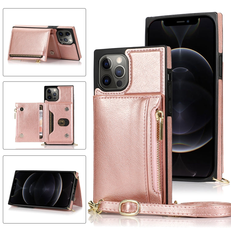 For iPhone 12 / 12 Pro Square Zipper Wallet Bag TPU+PU Back Cover Case with Holder & Card Slots & Wallet & Cross-body Strap