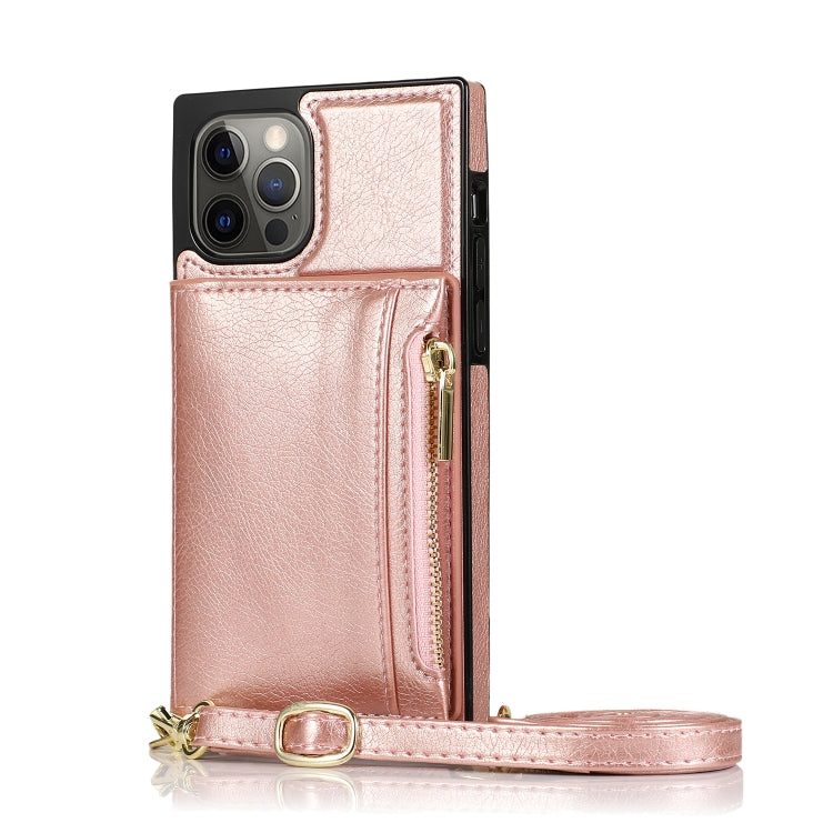 For iPhone 12 / 12 Pro Square Zipper Wallet Bag TPU+PU Back Cover Case with Holder & Card Slots & Wallet & Cross-body Strap