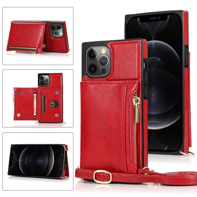 For iPhone 12 / 12 Pro Square Zipper Wallet Bag TPU+PU Back Cover Case with Holder & Card Slots & Wallet & Cross-body Strap
