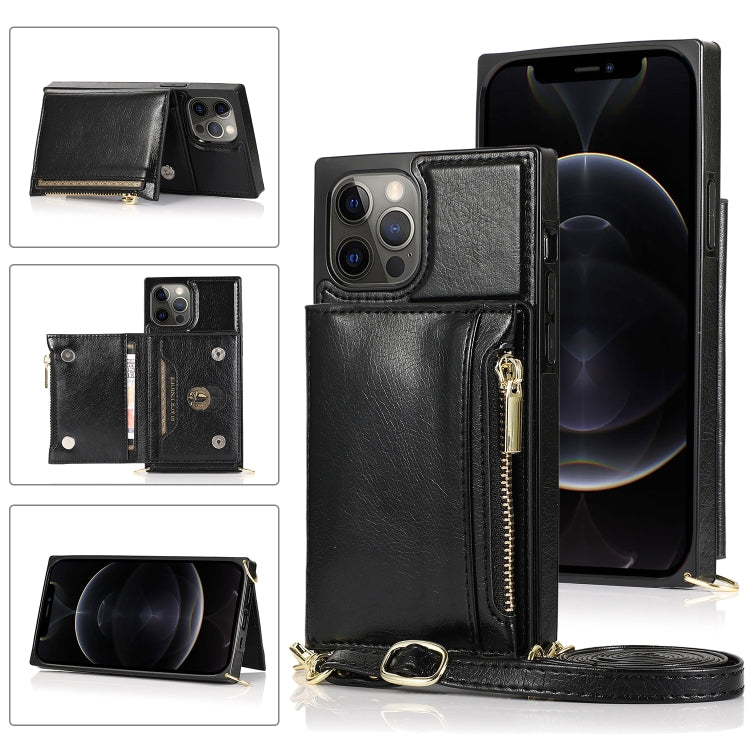 For iPhone 12 Pro Max Square Zipper Wallet Bag TPU+PU Back Cover Case with Holder & Card Slots & Wallet & Cross-body Strap