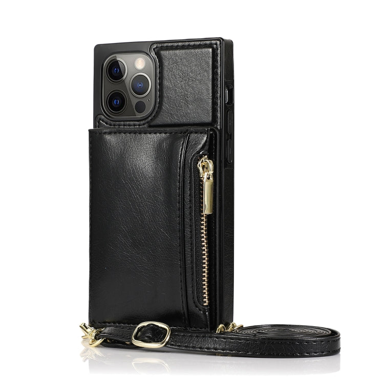 For iPhone 12 Pro Max Square Zipper Wallet Bag TPU+PU Back Cover Case with Holder & Card Slots & Wallet & Cross-body Strap