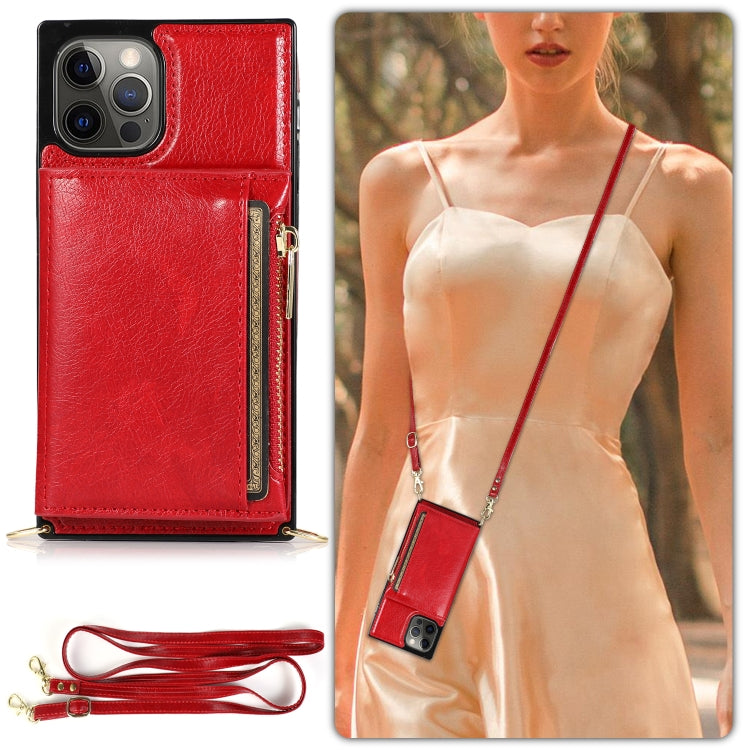 For iPhone 12 Pro Max Square Zipper Wallet Bag TPU+PU Back Cover Case with Holder & Card Slots & Wallet & Cross-body Strap