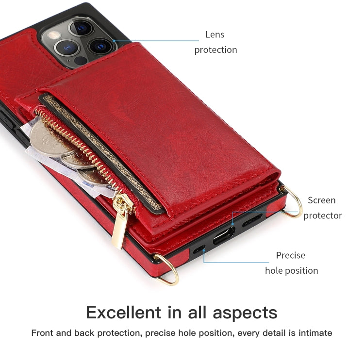For iPhone 12 Pro Max Square Zipper Wallet Bag TPU+PU Back Cover Case with Holder & Card Slots & Wallet & Cross-body Strap